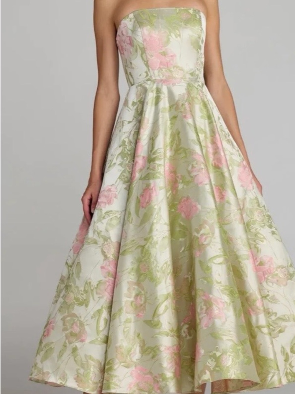 Mac Duggal Strapless Floral Fit-and-Flare Midi Dress in Pink and Green